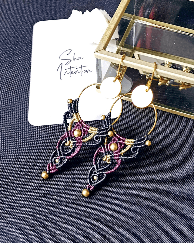 Boucles d&#039;oreilles &quot;Intuition bohème&quot; , noir &amp; prune